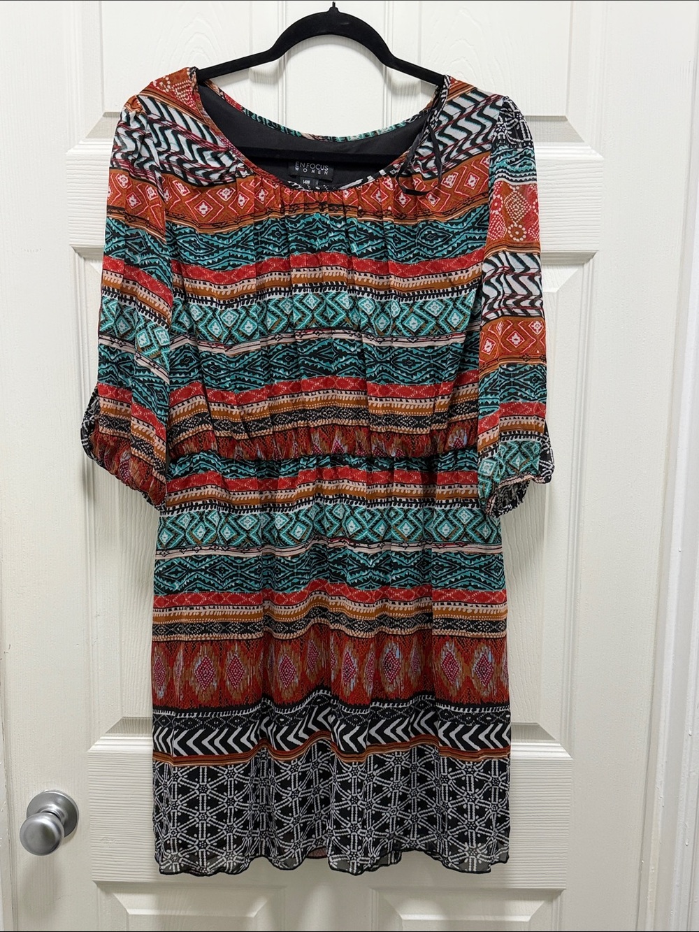 Enfocus Studio Multicolor Geo-Stripe Midi Dress - Teal & Rust